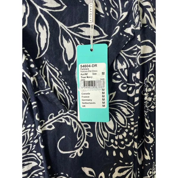 Seafolly Folklore Midi Dress True Navy Boho Coastal Resort Flowy Sundress MD New - Image 4