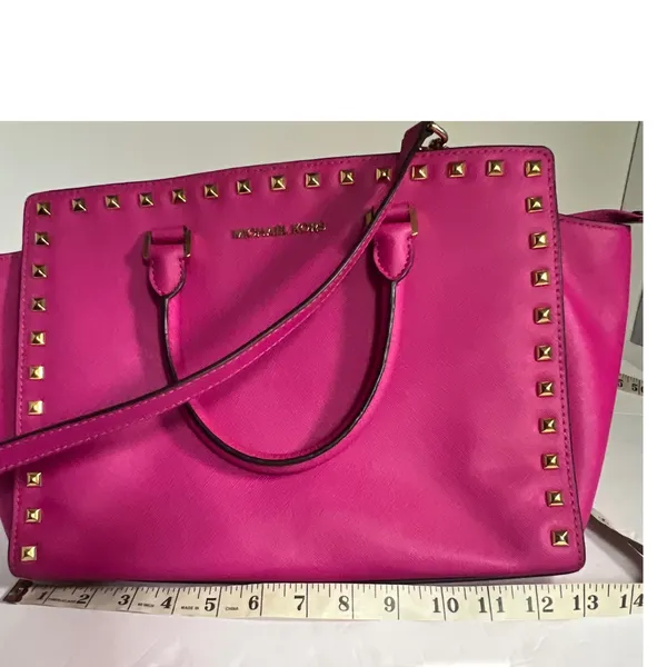 Michael Kors Selma Satchel Women Medium Magenta Pink Studded Saffiano Leather - Image 16