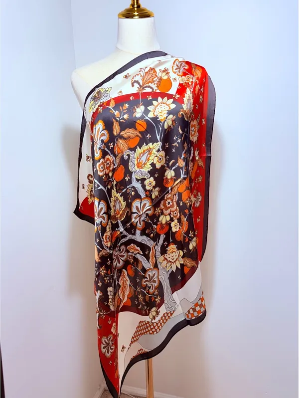 Elegant Floral Satin Polyester Square Scarf in Red, Black, White, and Brown – - Image 2