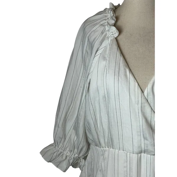 Maison Tara Midi Dress Womens 10 White Striped Excellent Ruffle Wrap V-Neck Puff - Image 6