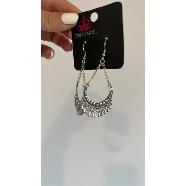 Paparazzi Silver Crescent Moon Dangle Earrings Boho Fringe Tribal Fishhook - Image 3