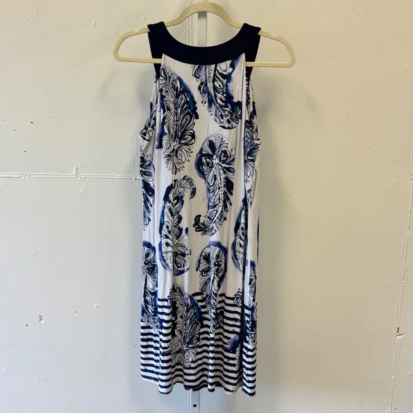 Tommy Bahama Paisley Stripe Sleeveless V-Neck Shift Midi Dress Large Blue White - Image 2