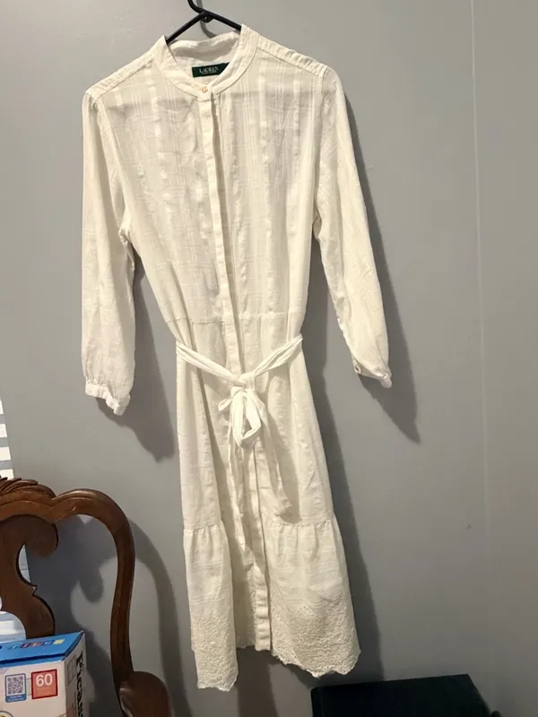 Ralph Lauren White Long Sleeve Tie-Waist Dress - Image 7