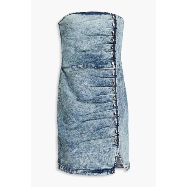 Retrofête Megh Strapless pleated Denim Mini Dress Marble Sky Button Front XS - Image 13