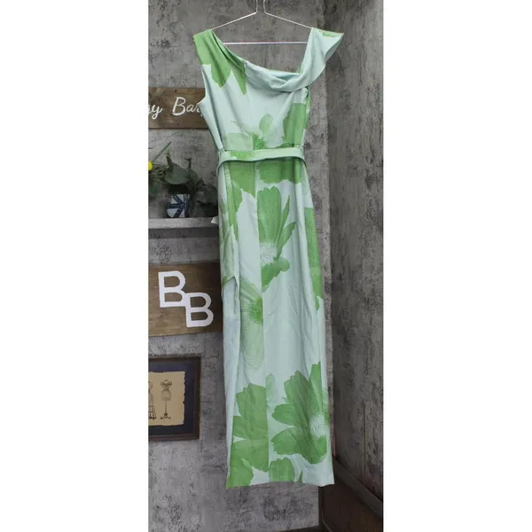 Jewel by Badgley Mischka Asymmetric Belted Floral Print Gown Dress Green Multi 6 - Image 2