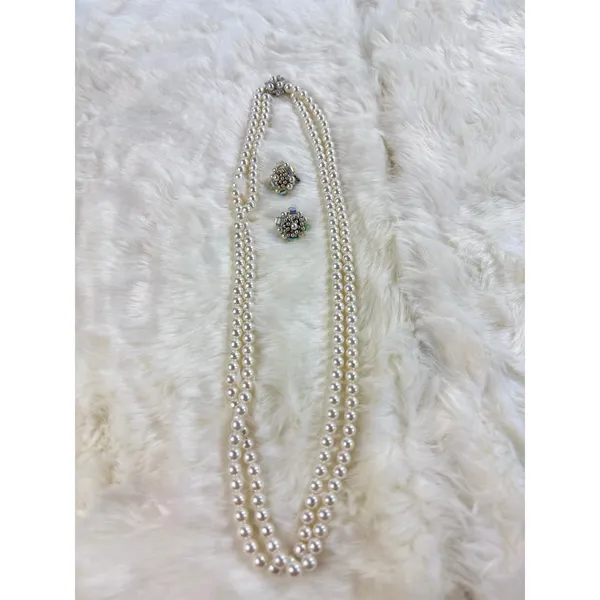 Vintage Japan Faux Pearl Double‎ Strand Necklace and AB Crystal Clip On Earrings - Image 2