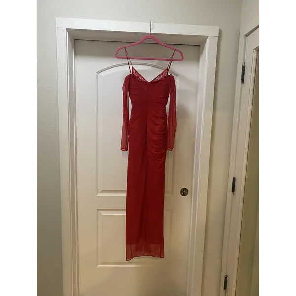 House Of CB Katarina Dress Womens XS Red Mesh Ruched Long Bodycon Maxi Party - Image 4