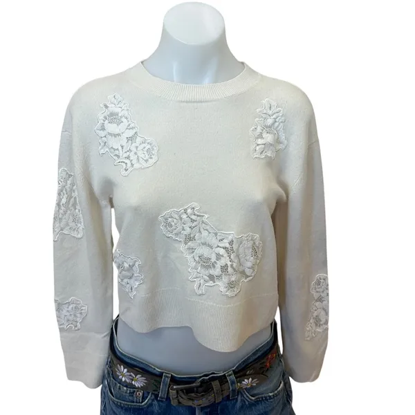 LoveShackFancy White Lace Crewneck Sweater XS Cashmere Romantic Designer $400 - Image 8