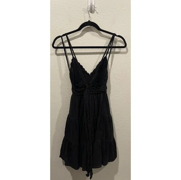 Crochet V-Neck Strap Mini Sun Black Dress - Image 4