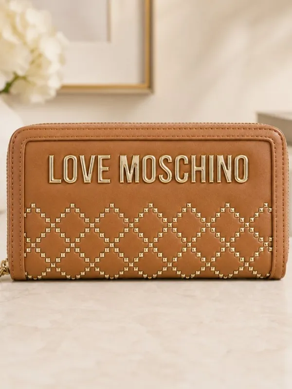 Love Moschino Tan Studded Zip-Around Wallet Gold Logo NWT - Image 3