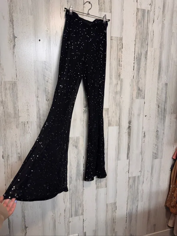Pretty Little Thing Rhinestone Sheer Mesh Flare Pants Womens Small Black High Waist Bell Bottoms - Image 4