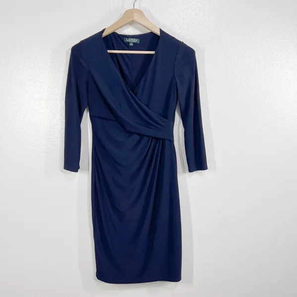 Lauren Ralph Lauren Navy Ruched Faux Wrap Dress Size 4 | 3/4 Sleeve Knee‎ Length - Image 2