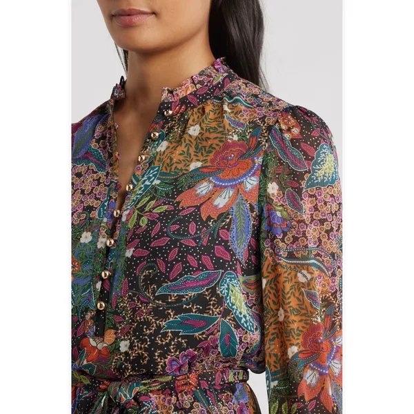 Vince Camuto Floral Paisley Long Sleeve Mini Dress Ruffle Neck Belted Colorful - Image 2