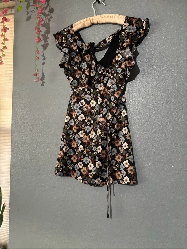 Altar'd State Floral Ruffle-Sleeve V-Neck Dress in Black - Image 3