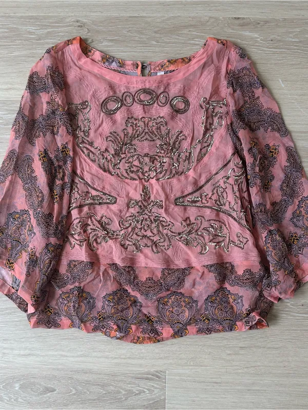 Anthropologie Ignacia Sheer Sequined Blouse Coral Gold Boho Top - Image 4