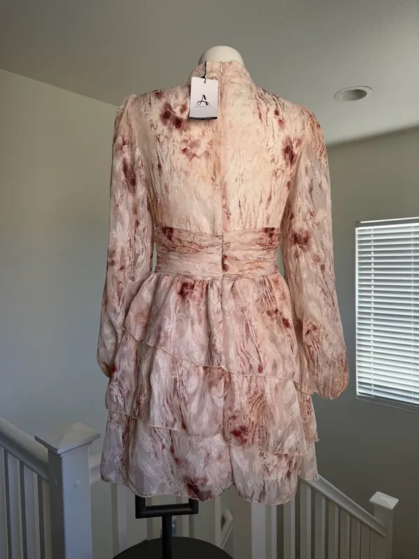 Women's Pink Floral Long-Sleeve Tiered Mini Dress - Image 5