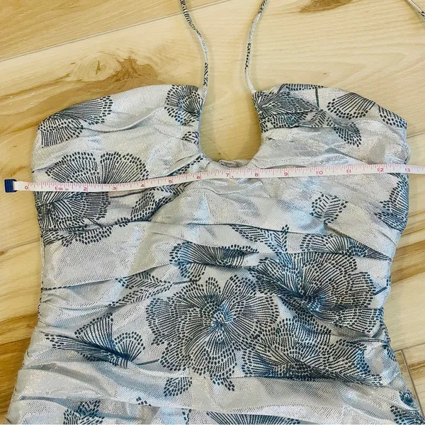 ZARA METALLIC DRAPED HALTER MINI DRESS SILVER W/ Black Floral Zipper Size Small - Image 10