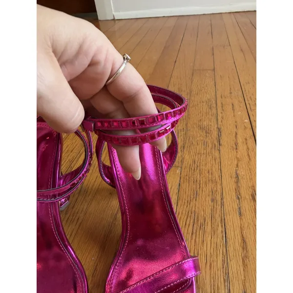 Pink Rhinestone Strappy Heel Sandals Shoes Womens Size 8 Square Toe Party - Image 2