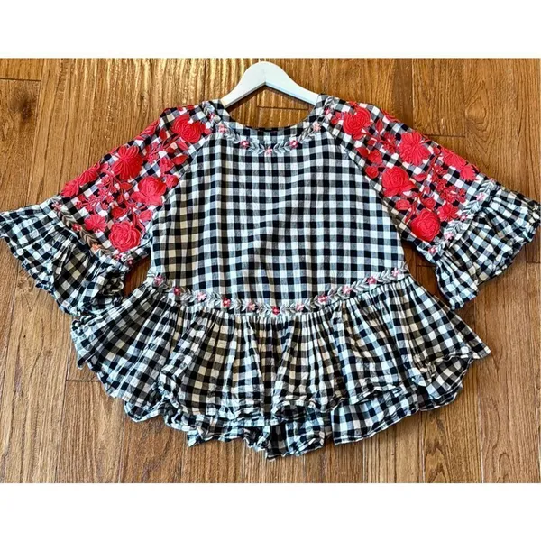 Anthropologie Pankaj & Nidhi checkered gingham embroidered floral swing blouse s - Image 10