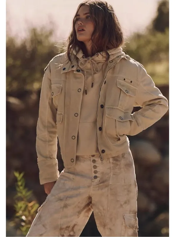 Free People Bohemian Kali Washed Utility Military Canvas Jacket Oat Large - Image 4