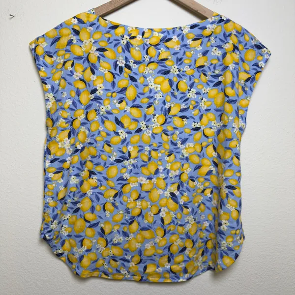 Ann Taylor Women Linen Top Small Blue Yellow Lemon Fruit Blouson‎ Gasset Resort - Image 7