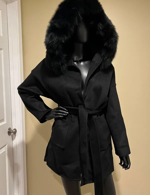 Fox Fur Winter Trench Coat Wool Jacket Parka Bomber Fall Jacket Warm Cardigan Black Size M - Image 5