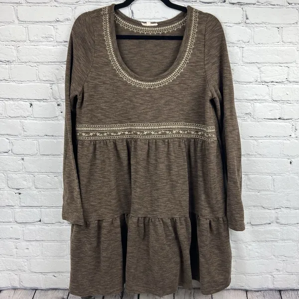 Easel Boho Brown Embroidered‎ Tiered Mini Dress Long Sleeve Babydoll Size Medium - Image 3