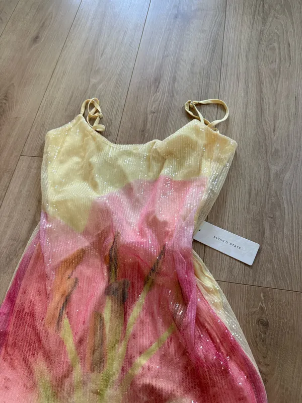 New bought for $98 Altar'd State yellow & pink floral maxi dress with sequins, size S #floral #sequins - Image 2
