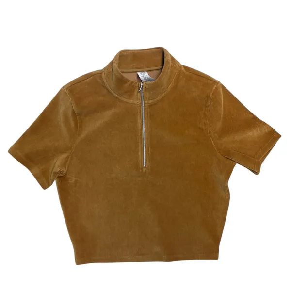 Alo Yoga Quarter Zip Mock Neck Corduroy Crop Top In Toffee - Women’s size small - Image 2