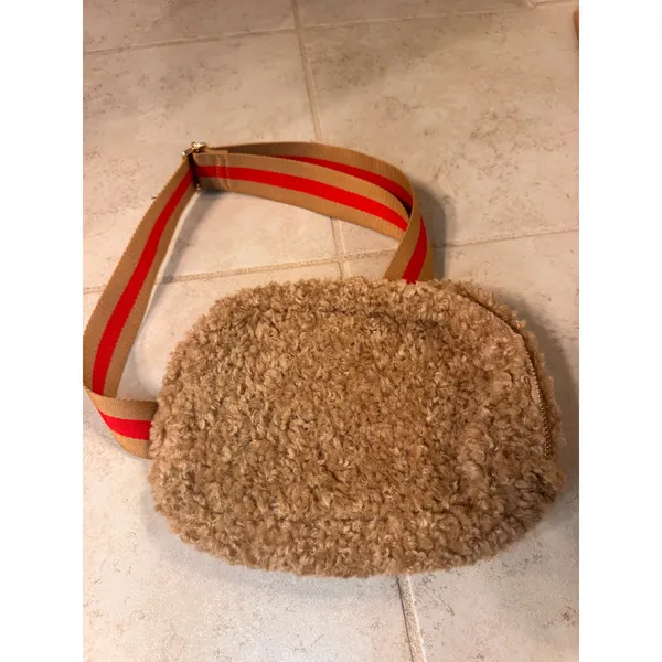 Anthropologie Sherpa Belt Bag‎ Tan Fleece Faux Shearling Crossbody Red Stripe - Image 3