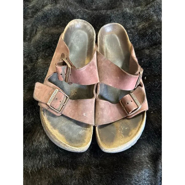 Vintage Birkenstock Arizona distressed Oiled Leather Sandals 8 shoes - Image 2