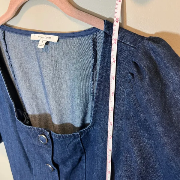 Zoe and Claire Denim Midi Dress Short Puff Sleeve Button Front Blue Small - Image 10