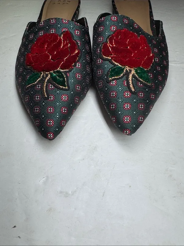 a new day dark green Pointed Toe Slip-On Mules with Red Floral Applique 7 rose - Image 5