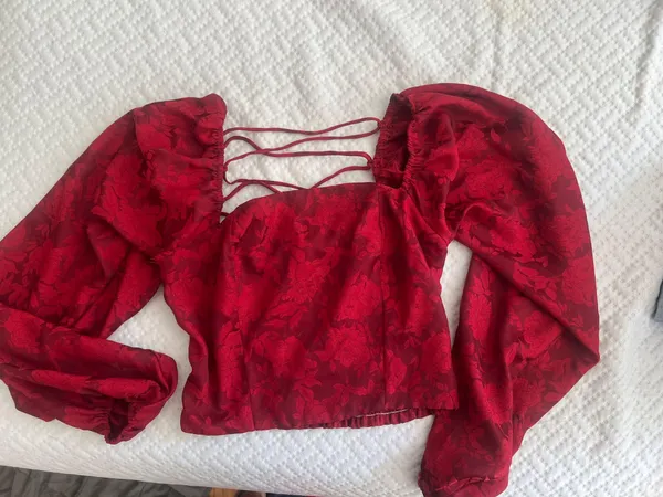 Lulus Red Lace Up Jacquard Shirt - Image 4