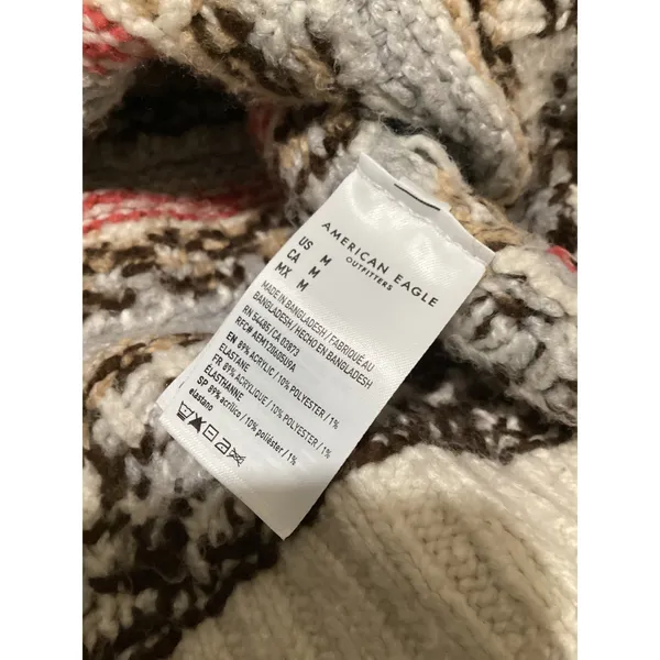 American Eagle Fair Isle Oversized Cardigan Sweater Brown Cream Grey Womens M - Image 5