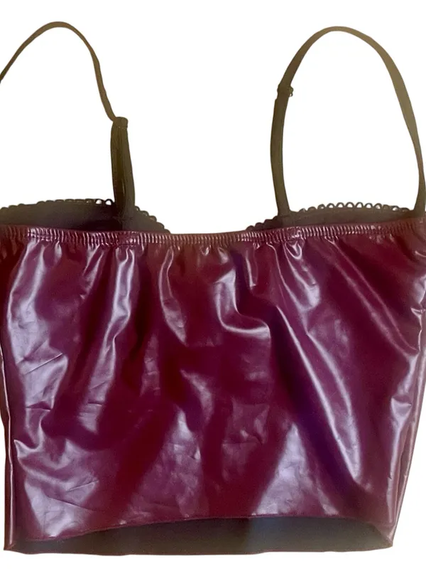 SheIn Burgundy Faux Leather Crop Cami Black Ruched Y2K Goth Festival Biker XS Country - Image 3