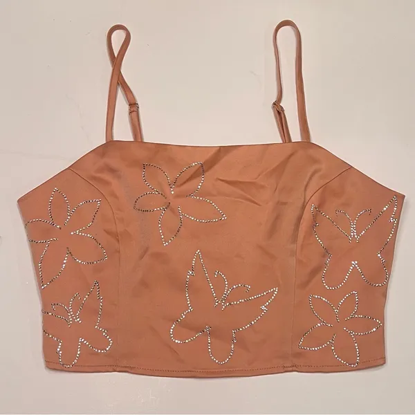 Le Lis Crop Camisole Top‎ & Mini Skirt Set in Nude Peach Rhinestones Size XS/S - Image 3