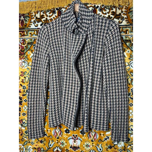 Chaps Houndstooth Asymmetric Zip Cowl Neck Sweater Soft 100% Cotton Size L - Image 5