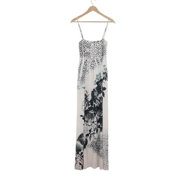 Ocean Blue Leopard Floral Maxi Dress XL White Black Smocked Spaghetti Strap - Image 6