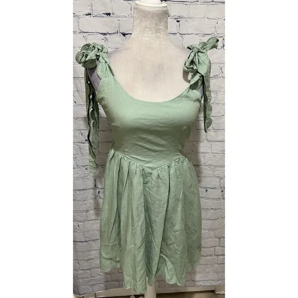 NWT Amable By Mable Anthropologie Green Ribbon Shoulders Mini Dress Size Medium - Image 2
