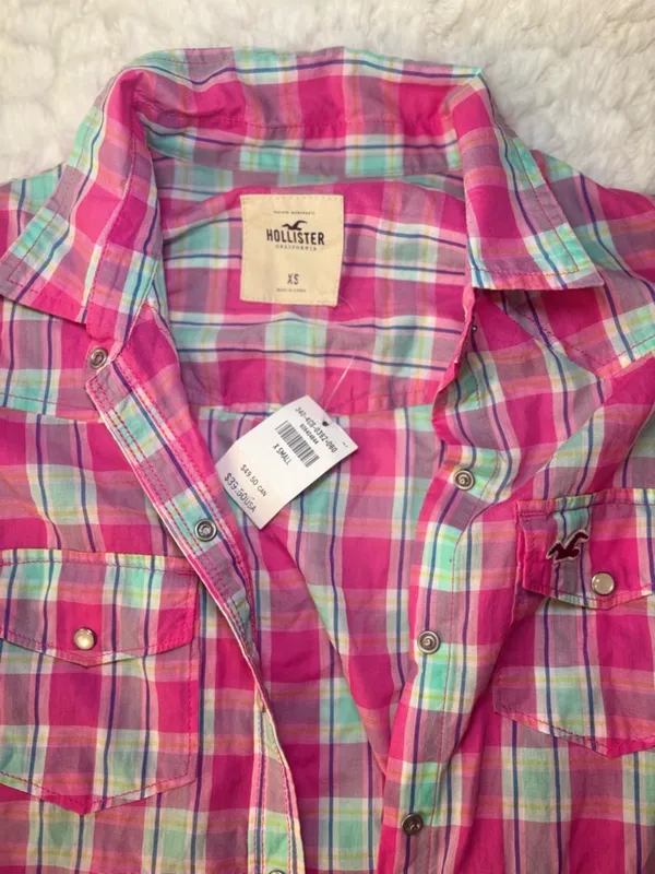 Hollister Women’s Pink & Teal Plaid Button-Down Shirt - Image 2