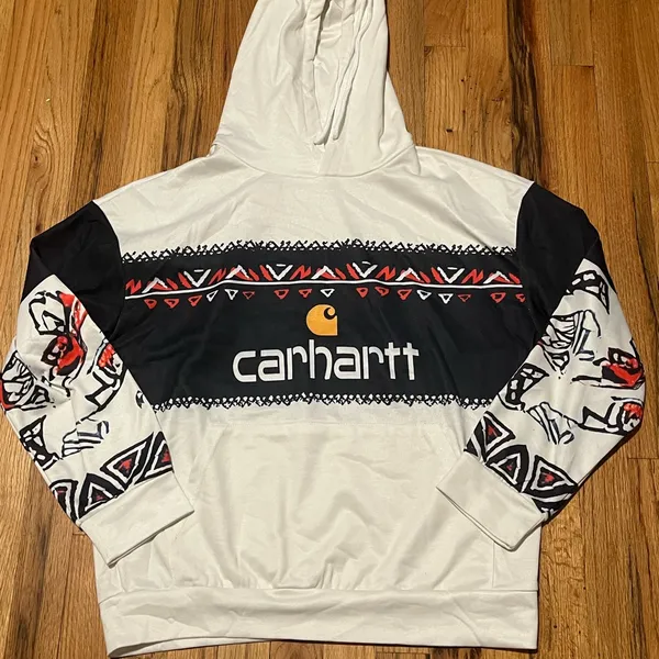 Carhartt Style Graphic Hoodie Women’s Size S White Black Pullover Sweatshirt - Image 2