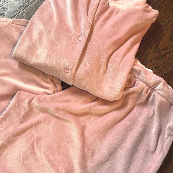 Jaclyn Intimates Pink Heart‎ Plush Pajama Set Medium Top Pants Sleepwear - Image 2