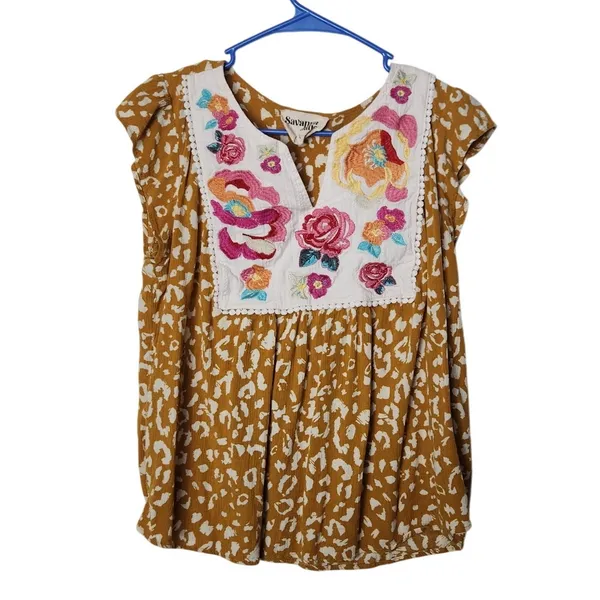 Savanna Jane Yellow Leopard Animal Print Embroidered Floral Blouse Top Sze Large - Image 5