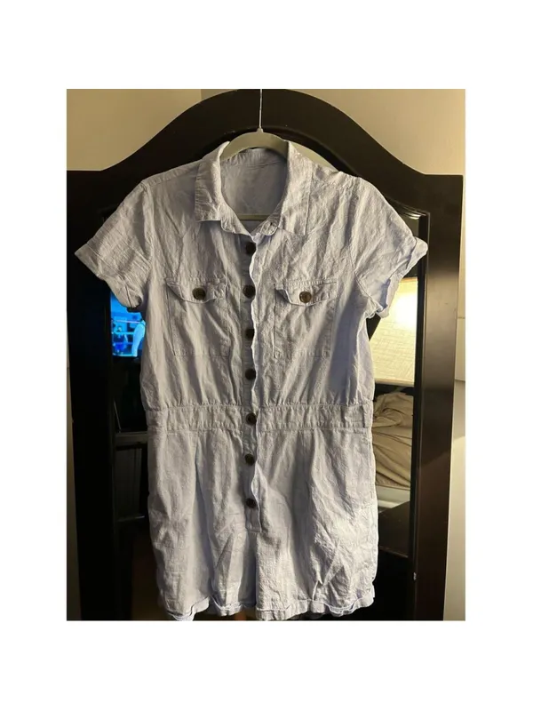 NEW 100% Cotton Pockets Romper Button Short Sleeve L NO BELT Light blue 100% Co - Image 4