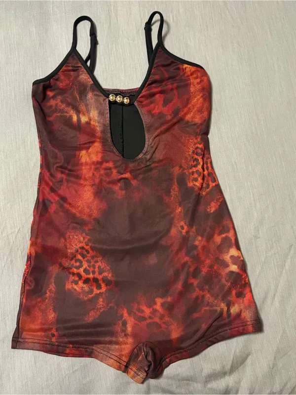 Shein Red Cheetah Animal Print Romper Small, Beaded Front Cutout Small, Festival - Image 3