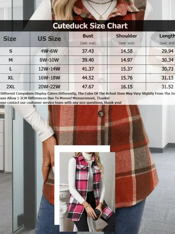 Cute Duck Women's Green Plaid Sleeveless Long Vest Jacket XL - Image 3