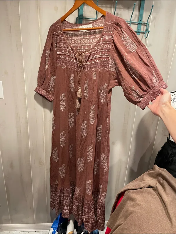 Daughters of India Mishka floral cocoa tassel metallic thread maxi dress boho - Image 11