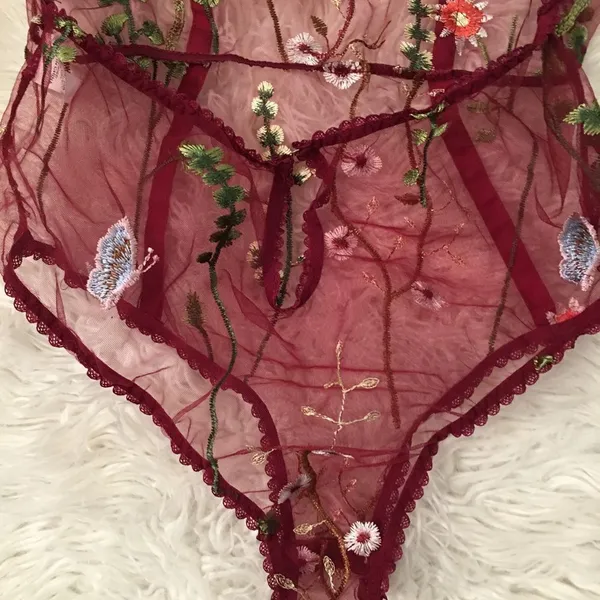 NEW IN PACKAGE! Wine velvet, sheer, embroidered, under wire‎ body suit - Image 10