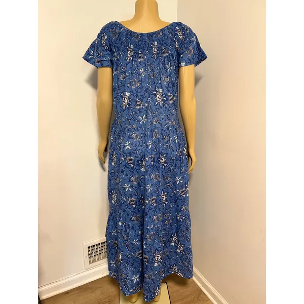 Guadalupe‎ Design Blue Floral Cotton Smocked Maxi Dress Short Sleeve Tiered Boho - Image 6